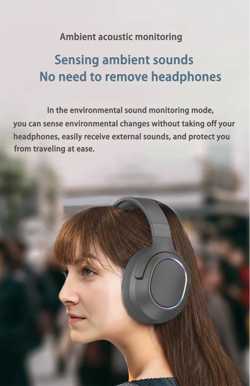 Wireless Over-Ear Bluetooth Headphones with LED Lights and FM Radio