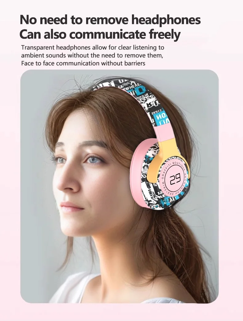 Fones de Ouvido Sem Fio Over-Ear Pintados com Rádio FM e Design Dobrável