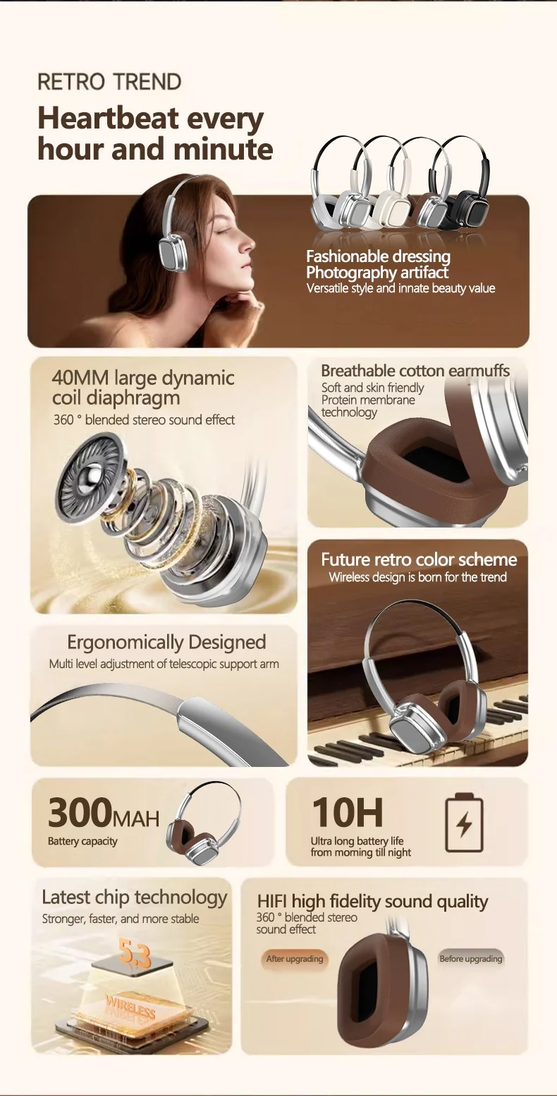 Retro Bluetooth slúchadlá cez uši, bezdrôtové 5.4 stereo hudba a hovory