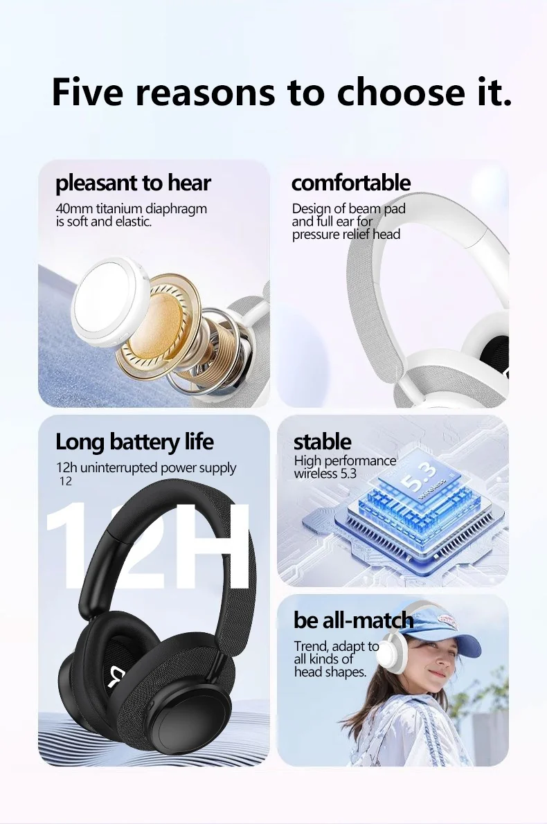 Wireless Over-Ear Headphones with Deep Bass and Long Battery Life