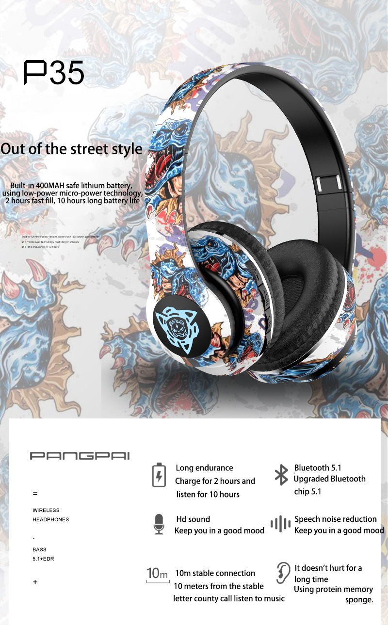 Graffiti Over-Ear Wireless Headphones with FM Radio and TF Card Slot