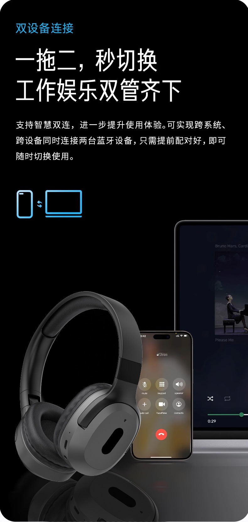 Casque Bluetooth sans fil supra-auriculaire Type-C musique stéréo