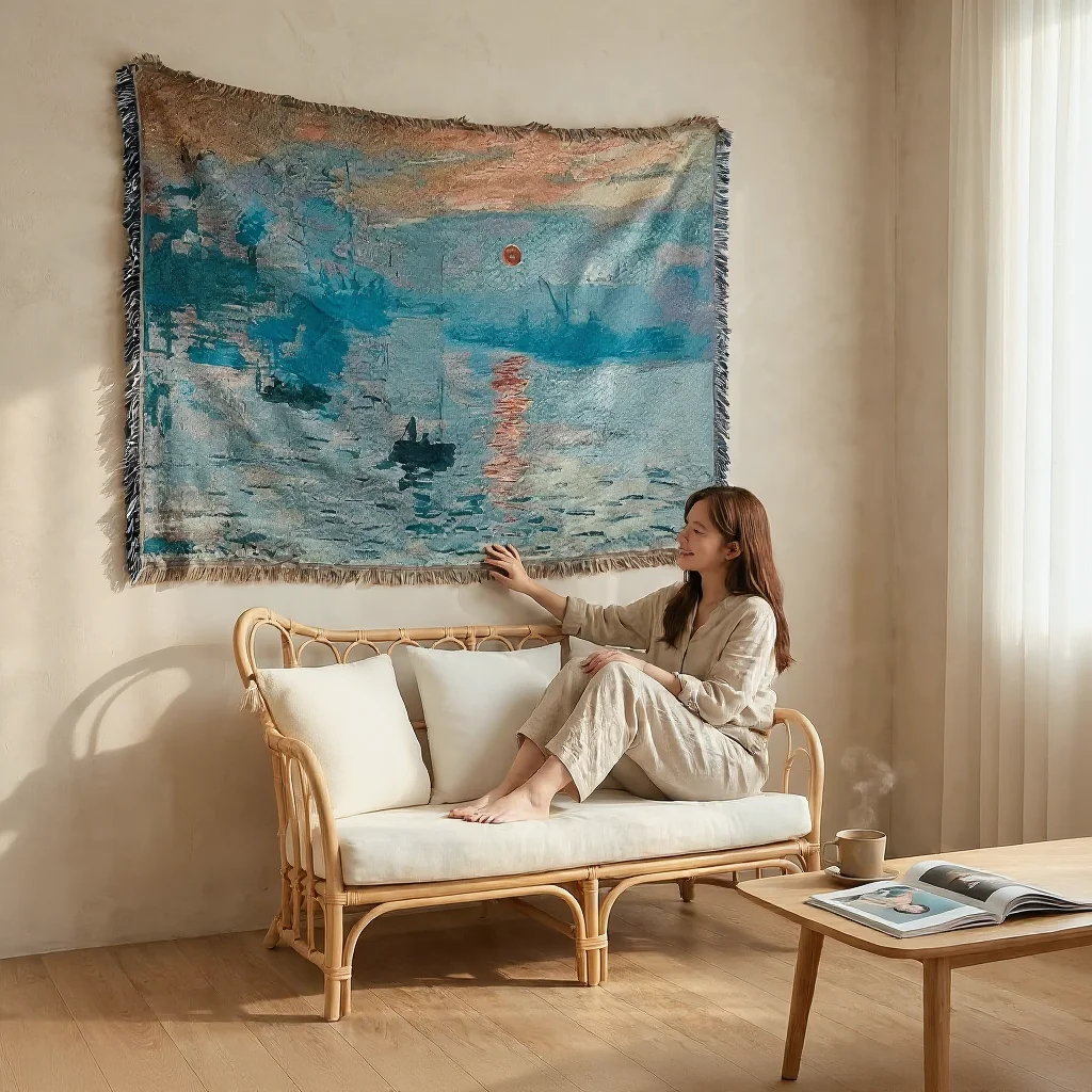 Плед-гобелен с импрессионистским арт-принтом для дивана и стен