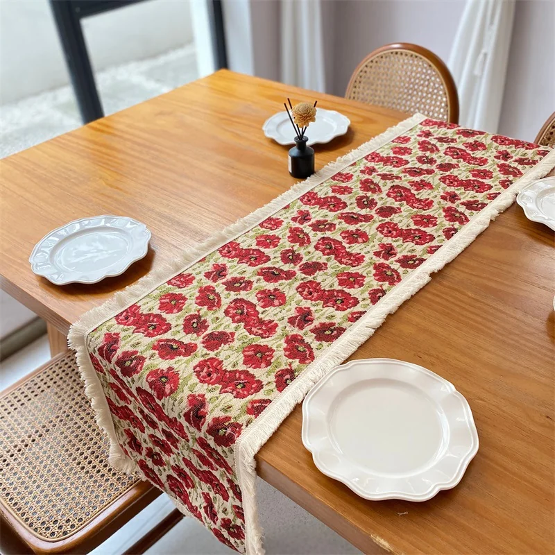 Vintage Französischer Ölgemälde-Stil Tischläufer mit Quasten
