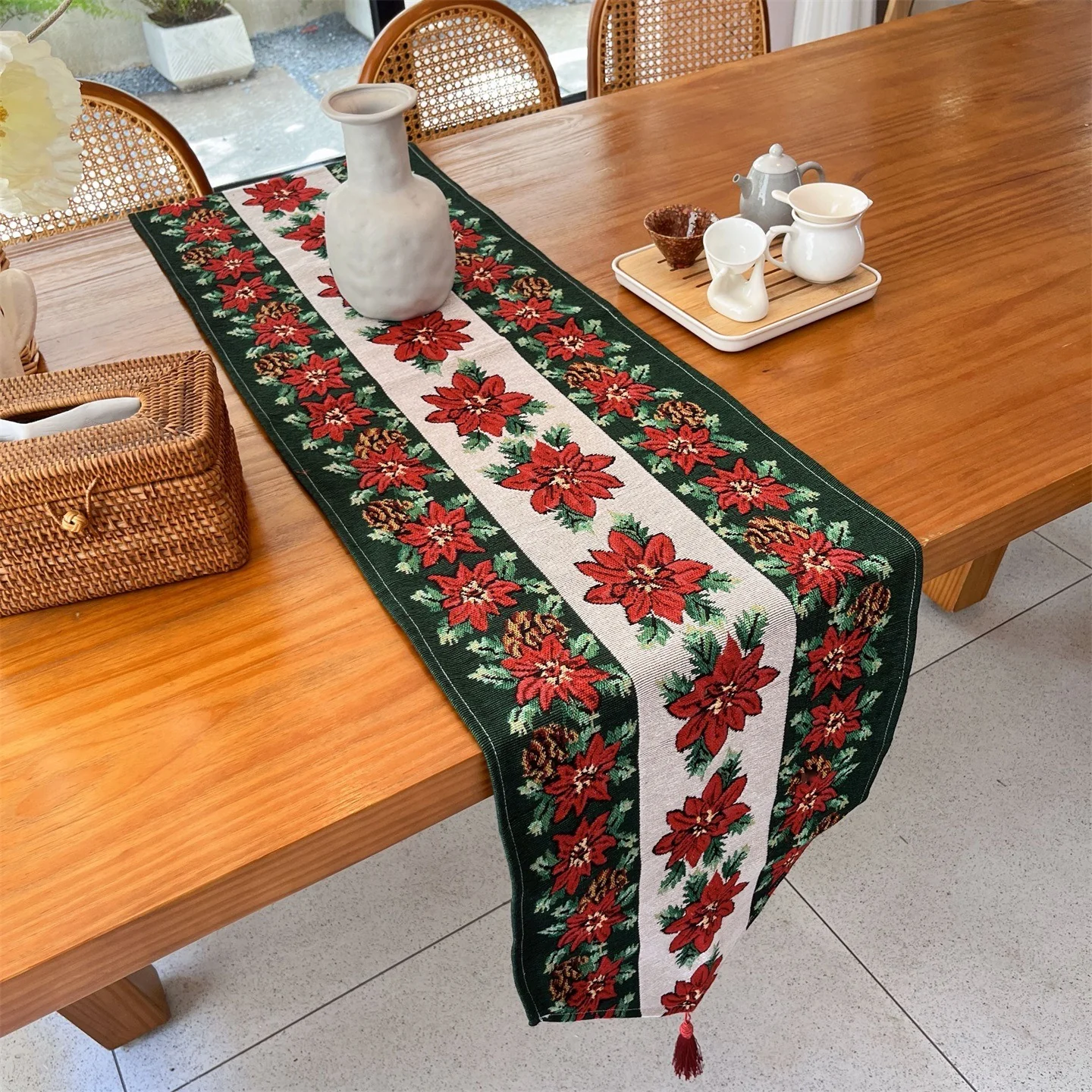 Kerst Tafelloper Rode Bloemen Holiday Decor voor Eetkamer TV-meubel