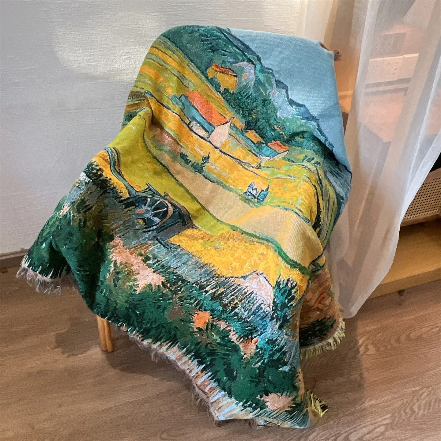 Pletený prehoz s motívom Van Gogh na dekoráciu pohovky