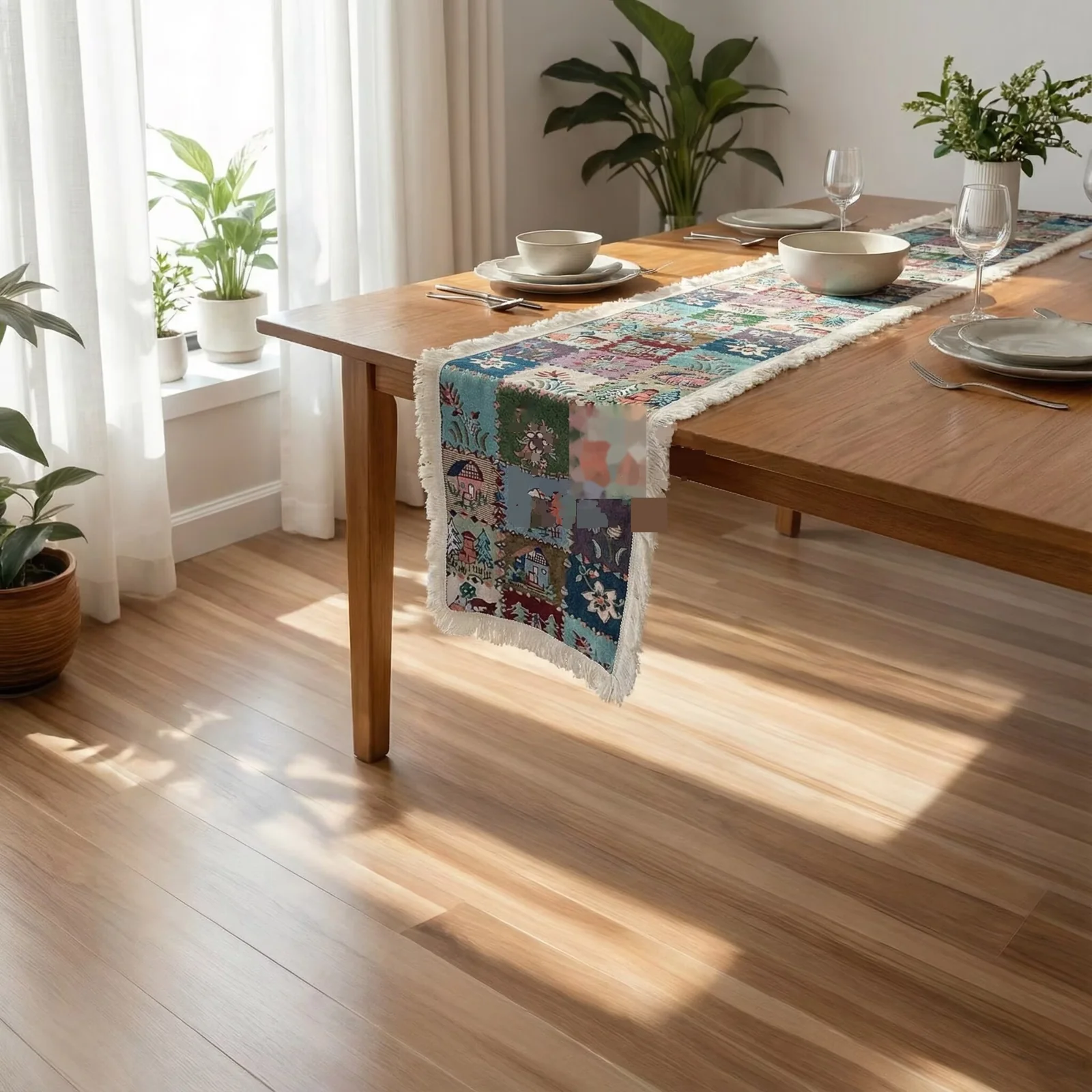 Camino de Mesa Jacquard Mezcla de Algodón Estampado Floral para Decoración de Comedor