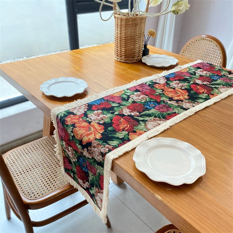 Vintage Französischer Ölgemälde-Stil Tischläufer mit Quasten