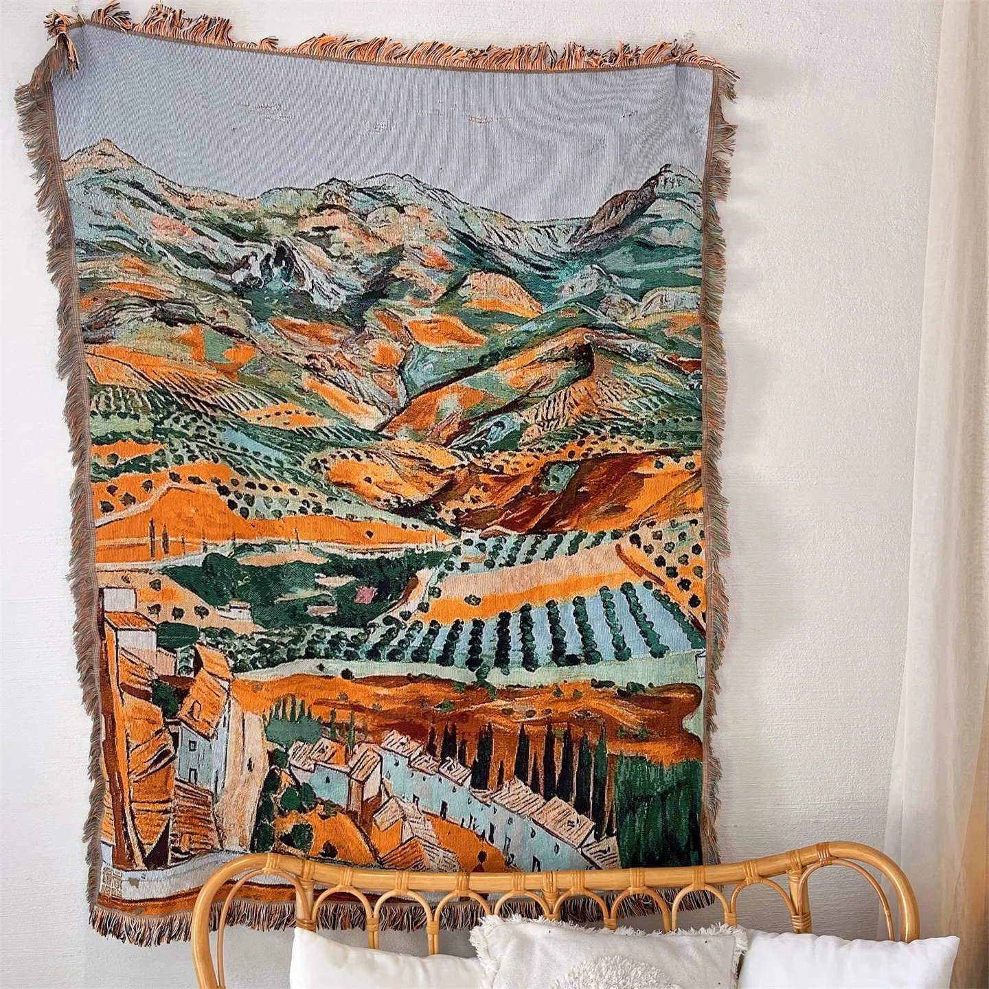 Pletený prehoz s motívom Van Gogh na dekoráciu pohovky