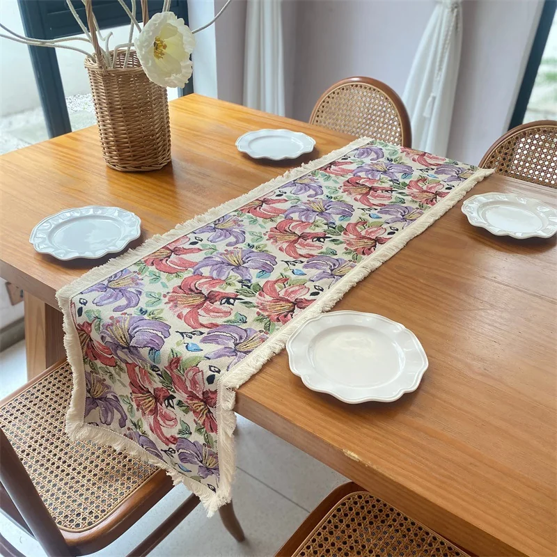 Vintage Französischer Ölgemälde-Stil Tischläufer mit Quasten