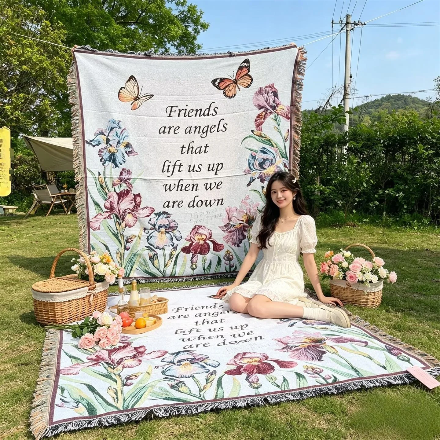 Selimut Hiasan Campuran Kapas untuk Sofa, Penutup Tapestry Bunga