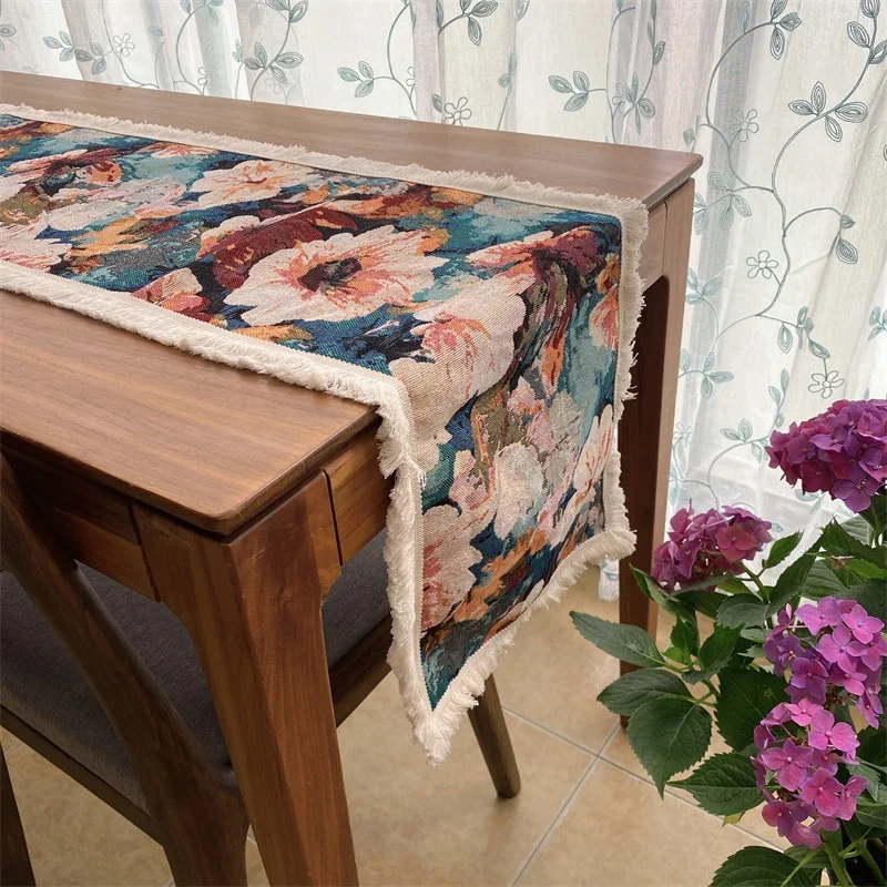Vintage Französischer Ölgemälde-Stil Tischläufer mit Quasten