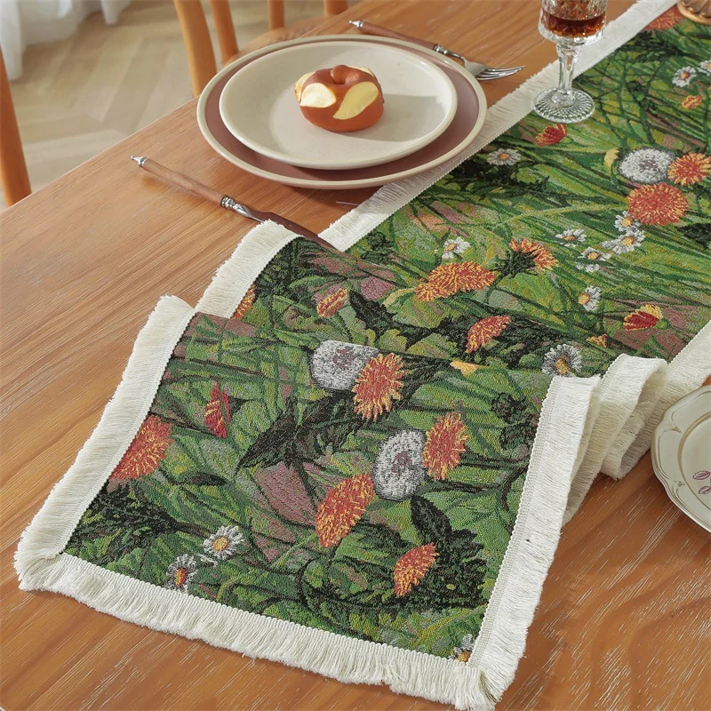 Vintage Französischer Ölgemälde-Stil Tischläufer mit Quasten