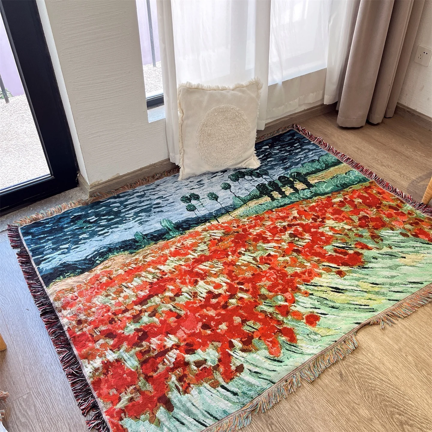 Pletený prehoz s motívom Van Gogh na dekoráciu pohovky