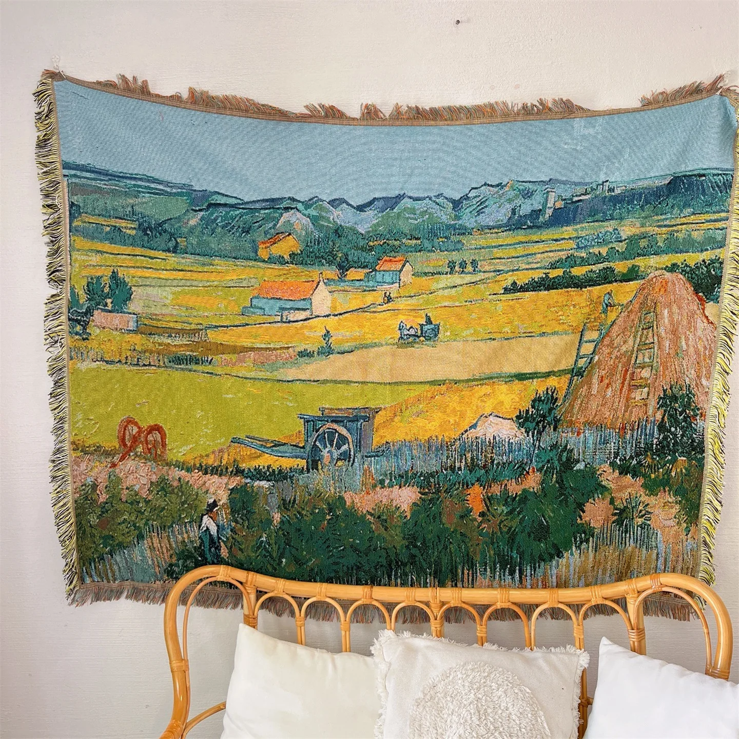 Pletený prehoz s motívom Van Gogh na dekoráciu pohovky