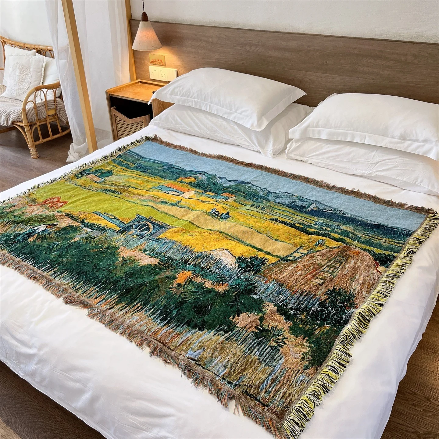 Pletený prehoz s motívom Van Gogh na dekoráciu pohovky
