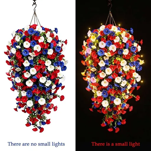 Patriotic Hanging Petunia Basket, Red White Blue Artificial Flowers, 4th Of July Hanging Decor Patriotic Flower Hanging Plants Outdoor Floral Arrange 250th Anniversary Porch Decor
