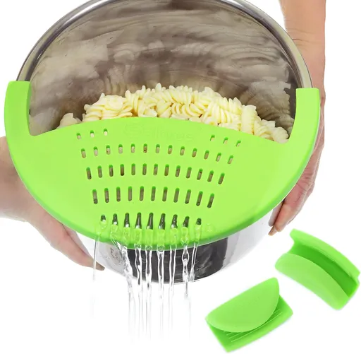 Salbree Silicone Snap Strainer fits the 6qt Instant Pot and Snaps to the 6 quart Instapot Pressure Cooker Inner Pan Small Mitts Set Included, for Straining Vegetable and Ground Beef Grease (green)