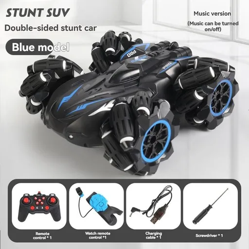 2.4G remote control car, electric stunt car, drifting car, spray function, kids toy car, double-sided stunt car, watch remote control, outdoor RC toy, rechargeable toy car - Blue - Size Dual-control