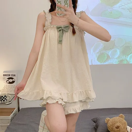 Cami Green Bow Size M | Bubble Crinkle Cami Bow Pajamas | Halloween Fresh Daily Gift | Soft Loose Fit Women's Homewear Set