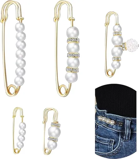 5 Pieces - 5 Styles Pin - Button Pins for Jeans - No Sew Jeans Button Pins - Brooch - Pin Closure Decollete - 75mm - Gold - Metal - White Pearl