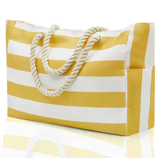 Large Bohemian Striped Canvas Beach Bag Zipper Tote for Travel Outdoor Vacation - Yellow