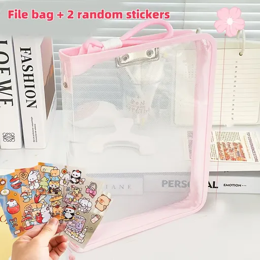 Macaron Candy Student File Bag + PET Animal Stickers - Hand-Carry Large Capacity Waterproof A4 Zipper Transparent Exam Paper & Textbook Storage Bag, Folder（pink）