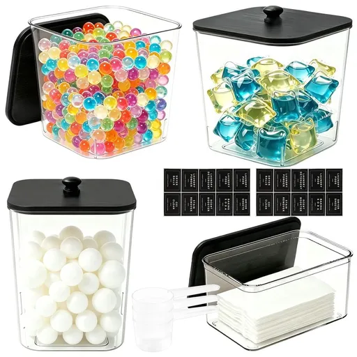 4 Pcs Laundry Pods Container Storage Set 3 Acrylic Canisters with Wooden Lids Dryer Sheet Container Holder with Measuring Scoops Labels Clear Organizer for Detergent Pods Scent Booster Dryer Balls