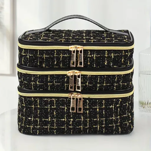 Fashionable and light luxury large-capacity black embroidered diamond-shaped cosmetic bag with three for multi-level storage, portable and hand-held, suitable for home and travel use.