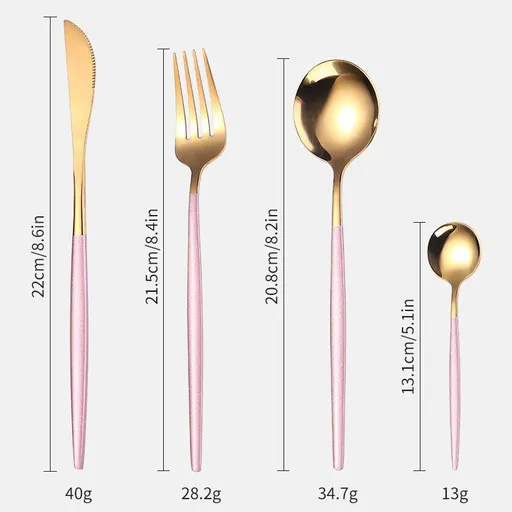 24-Piece Flatware Set, Stainless Steel Knife Fork Spoon Teaspoon Set, Service for 6, Pink Handle Gold