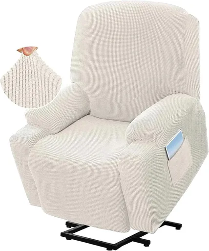 Power Lift Recliner Chair Cover High Stretch Soft Jacquard Slipcover with Side Pocket for Standard Recliners Cream, Letter H Option