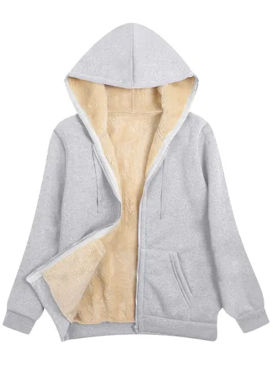 Fleece-Lined Hooded Jacket Women'S Winter Jacket Autumn Winter Coat Hooded - Light Gray - Size S(AU S/EU46)