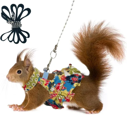 Squirrel Harness and Leash Set, Adjustable Flora Blue Printing, for Ferret, Squirrel, Dwarf Chinchilla, Guinea Pig, Fancy Rat（Flower color）S