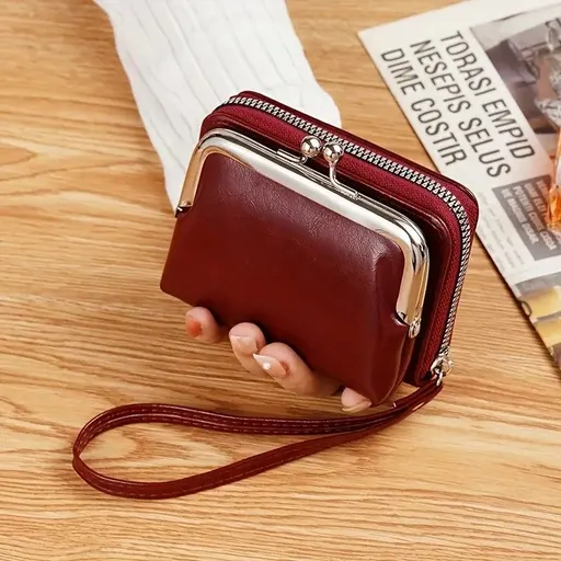Vintage Leather Mini Bag, classic kiss-lock closure, multi-layer compartment storage, lightweight and portable, perfect for commuting and going out, an exquisite and elegant choice.(wine red)