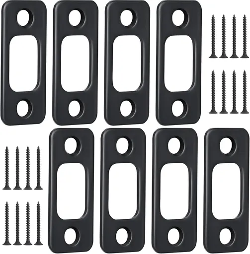 8 Pcs 1" x 2-1/4" Door Deadbolt Strike Plate Carbon Steel Round Corner Door Backplate Heavy Duty Strike Plate with 16 Pcs Screws for Home Office Residential Use, Matte Black