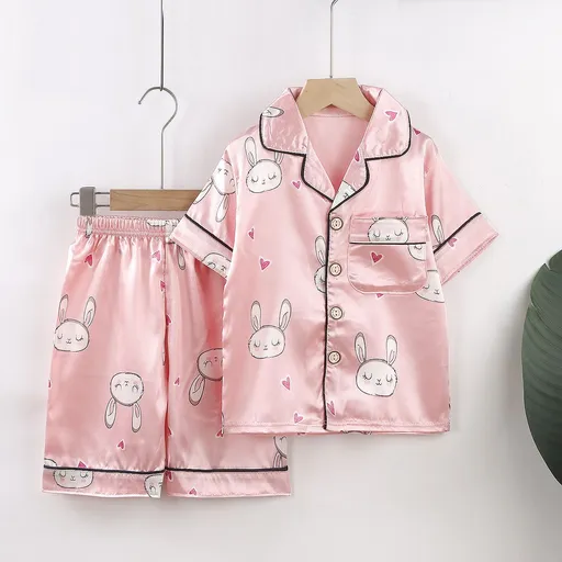 Beifujia Kids Ice Silk Cartoon Pajamas Set 2131-Ice Silk Pink Love Rabbit 160cm