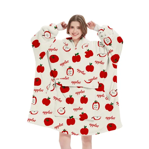 Apple Pattern Oversized Wearable Blanket Hoodie - Ultra Soft & Cozy Snuggle Pullover for Adults