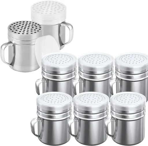 [6-pcs] 10 oz Stainless Steel Salt Pepper Dredge Shakers + [2-pcs] 10 oz Metal Parmesan Cheese Shakers - with Plastic Caps & Handles Bundle