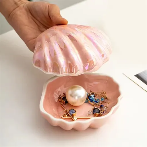 Jewelry Dish Tray, Ceramic Trinket Tray Clamshell Jewelry Storage Dish, Ring Holder Dish Key Bowl, Decorative Jewelry Plate, Cute Jewelry Organizer for Room Decor (Pink)