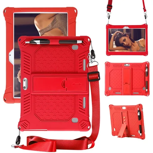 Universal Silicone Tablet Case for 10/10.1 inch Android Tablets, Shockproof Cover with Stylus Holder and Shoulder Strap, Red