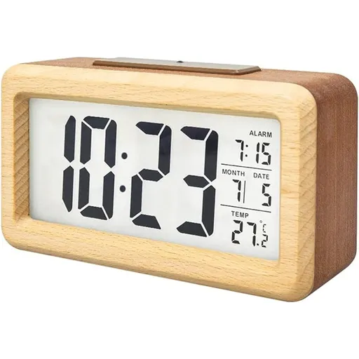 Wooden Digital Alarm Clock Large LED Beech Wood Natural Color