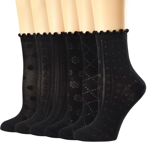 Women's Ruffle Socks Casual Lace Cotton Crew Summer Ultra Thin Cute Frilly Ankle Socks for Women 6 Pairs