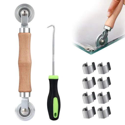3 in 1 Screen Repair Tool Set, Screen Roller with Bearing & Removal Hook & 8 Pieces Screen Clips, for Install/Replace