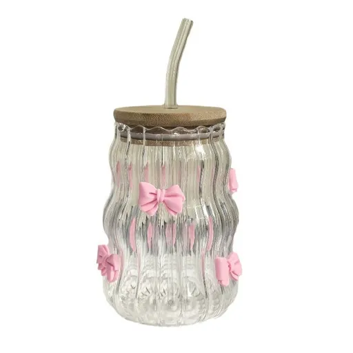 Glass Tumbler with Lid and Straw,Clear Pink Bow Iced Coffee Cup,450ml 15oz Reusable Drinking Glass for Home Office Party Decor,2.56x4.92in