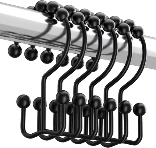 Matzwarte shower curtain hooks (12-pack) - Double hooks made of stainless steel - Hooks with smooth rolling action - Suitable for shower curtains up to 3.3 cm thick - Suitable for shower curtains and waterproof liners. (black)