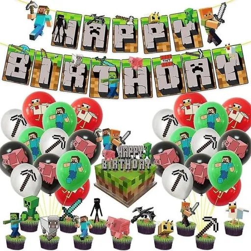 Minecraft Theme Happy Birthday Set Decoration Accessories Banner Pull Flag Cake Decorations Kit null none