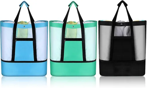3 Pcs Beach Bag with Cooler Mesh Beach Tote with Insulated Cooler and Pocket Waterproof Sandproof Beach Tote Bag Swim Pool Bag for Women Summer (Black, Blue and Green)