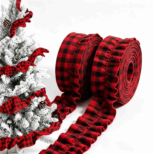 Plaid Christmas Garland, Buffalo Rustic Craft Ribbon Ruffled for Home Wreath Staircase Tree Decor(Red and Black, 2.45in x 26.9ft)