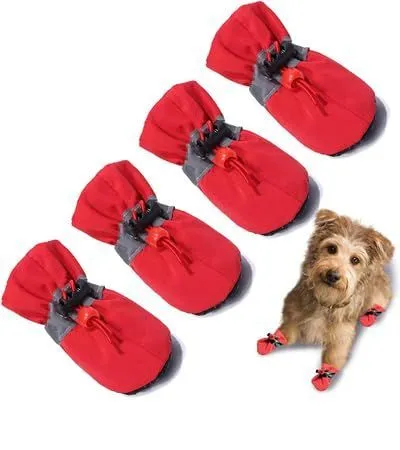 4PCS Dog Boots Paw Protector, Anti-Slip Winter Dog Shoes with Reflective Straps for Small Medium Dogs - Red - Size 6