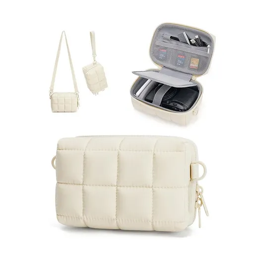 Puffy Puffer Camera Crossbody Bag with Adjustable Shoulder Strap, Shockproof EVA Hard Shell and Soft Lining for Small Digital Cameras, Memory Cards and Daily Essentials (Beige)